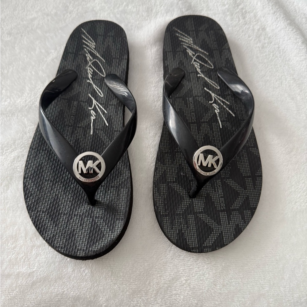 Michael Kors Black Logo Medallion Flip Flop Sandals